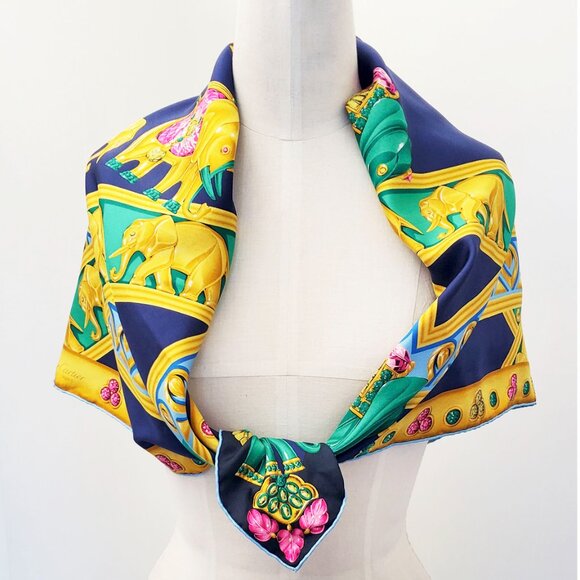 Cartier Multi-Color Multi-Elephants Silk Jacquard "Must de Cartier" Scarf Wrap - Picture 7 of 8